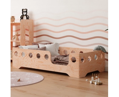 Łóżko pojedyncze dla dzieci z barierką i stelażem TILA 4 Montessori Drewniane