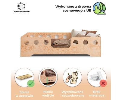 Łóżko pojedyncze dla dzieci z barierką i stelażem TILA 4 Montessori Drewniane