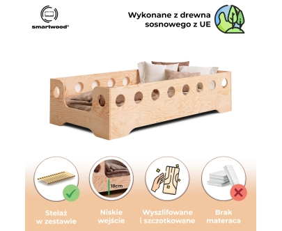 Łóżko pojedyncze dla dzieci z barierką i stelażem TILA 4 Montessori Drewniane