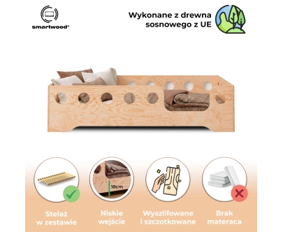 Łóżko pojedyncze dla dzieci z barierką i stelażem TILA 4 Montessori Drewniane