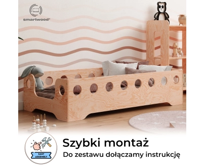 Łóżko pojedyncze dla dzieci z barierką i stelażem TILA 4 Montessori Drewniane