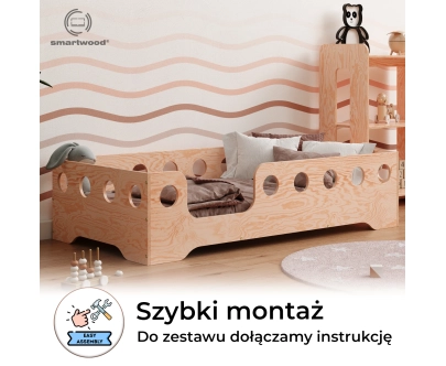 Łóżko pojedyncze dla dzieci z barierką i stelażem TILA 4 Montessori Drewniane