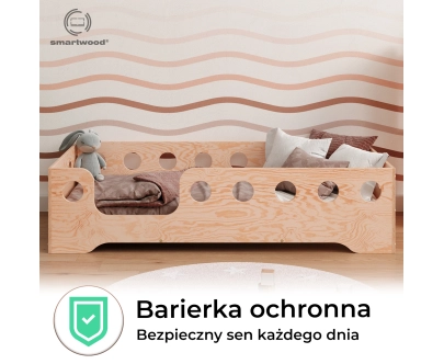 Łóżko pojedyncze dla dzieci z barierką i stelażem TILA 4 Montessori Drewniane