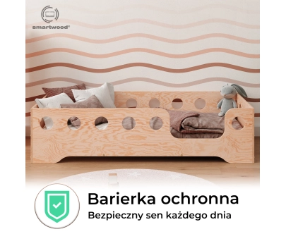 Łóżko pojedyncze dla dzieci z barierką i stelażem TILA 4 Montessori Drewniane