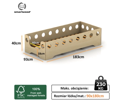 Łóżko pojedyncze dla dzieci z barierką i stelażem TILA 4 Montessori Drewniane