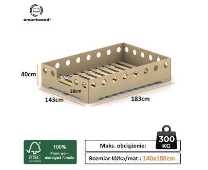 Łóżko pojedyncze dla dzieci z barierką i stelażem TILA 4 Montessori Drewniane