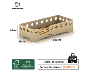 Łóżko pojedyncze dla dzieci z barierką i stelażem TILA 4 Montessori Drewniane