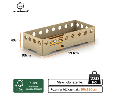 Łóżko pojedyncze dla dzieci z barierką i stelażem TILA 4 Montessori Drewniane