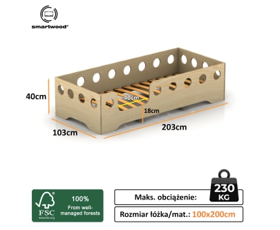 Łóżko pojedyncze dla dzieci z barierką i stelażem TILA 4 Montessori Drewniane