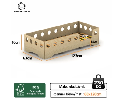 Łóżko pojedyncze dla dzieci z barierką i stelażem TILA 4 Montessori Drewniane