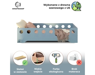 Łóżko pojedyncze dla dzieci z barierką i stelażem TILA 4 Montessori Drewniane
