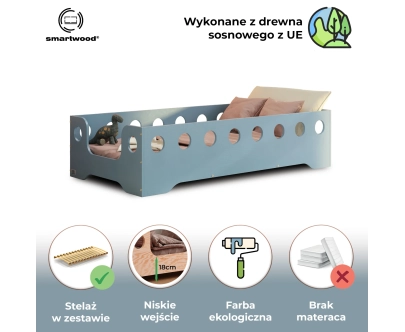 Łóżko pojedyncze dla dzieci z barierką i stelażem TILA 4 Montessori Drewniane