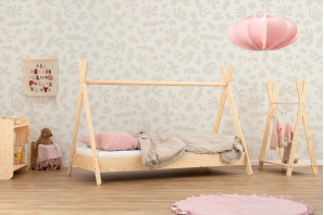 Łóżko domek dla dziecka z barierką i stelażem TIPI Montessori Drewniane