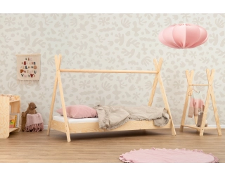 Łóżko domek dla dziecka z barierką i stelażem TIPI Montessori Drewniane