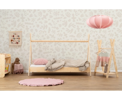 Łóżko domek dla dziecka z barierką i stelażem TIPI Montessori Drewniane