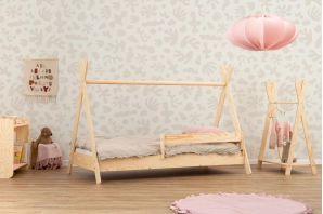 Łóżko domek dla dziecka z barierką i stelażem TIPI Montessori Drewniane