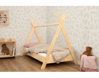 Łóżko domek dla dziecka z barierką i stelażem TIPI Montessori Drewniane