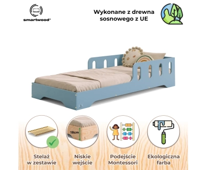 Łóżko pojedyncze dla dzieci z barierką i stelażem TILA 6 Montessori Drewniane