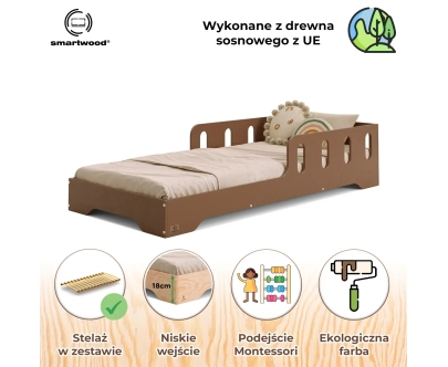 Łóżko pojedyncze dla dzieci z barierką i stelażem TILA 6 Montessori Drewniane