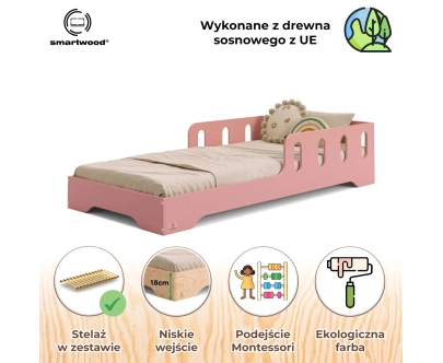 Łóżko pojedyncze dla dzieci z barierką i stelażem TILA 6 Montessori Drewniane