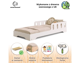 Łóżko pojedyncze dla dzieci z barierką i stelażem TILA 6 Montessori Drewniane