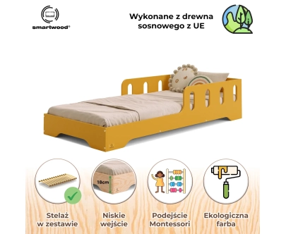 Łóżko pojedyncze dla dzieci z barierką i stelażem TILA 6 Montessori Drewniane