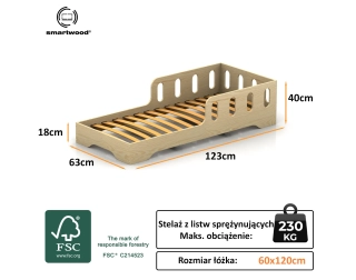 Łóżko pojedyncze dla dzieci z barierką i stelażem TILA 6 Montessori Drewniane
