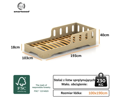 Łóżko pojedyncze dla dzieci z barierką i stelażem TILA 6 Montessori Drewniane