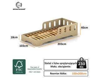 Łóżko pojedyncze dla dzieci z barierką i stelażem TILA 6 Montessori Drewniane