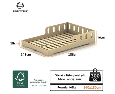 Łóżko pojedyncze dla dzieci z barierką i stelażem TILA 6 Montessori Drewniane