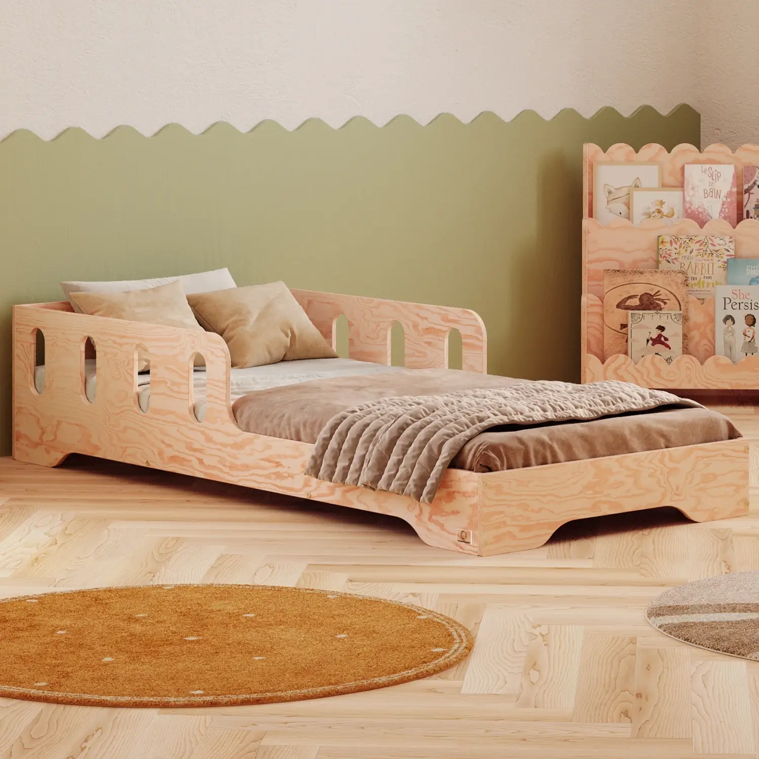 Łóżko pojedyncze dla dzieci z barierką i stelażem TILA 6 Montessori Drewniane,  70x140 - Naturalny | Smartwood