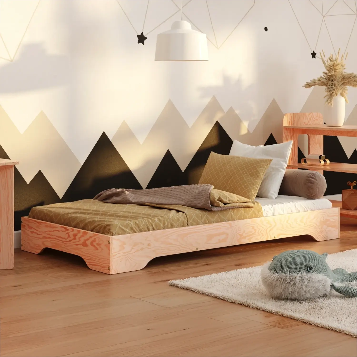 Łóżko pojedyncze dla dzieci podłogowe ze stelażem TILA 7 Montessori Drewniane,  80x180 - Naturalny | Smartwood