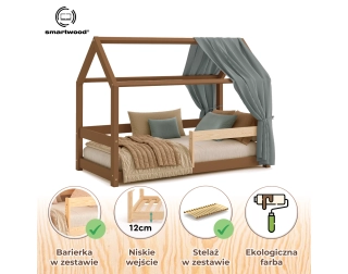 Łóżko domek dla dziecka z barierką i stelażem MILO Montessori Drewniane