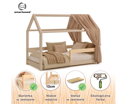 Łóżko domek dla dziecka z barierką i stelażem MILO Montessori Drewniane