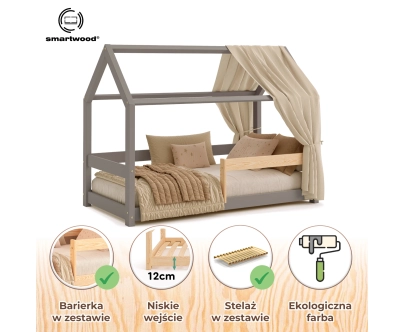 Łóżko domek dla dziecka z barierką i stelażem MILO Montessori Drewniane