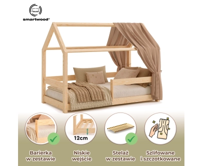 Łóżko domek dla dziecka z barierką i stelażem MILO Montessori Drewniane