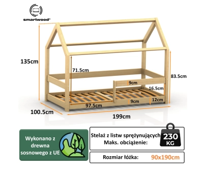 Łóżko domek dla dziecka z barierką i stelażem MILO Montessori Drewniane