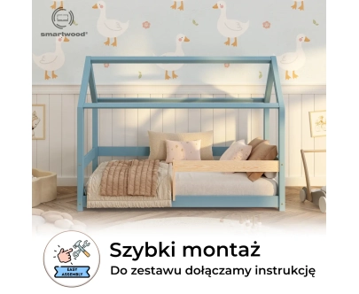 Łóżko domek dla dziecka z barierką i stelażem MILO Montessori Drewniane