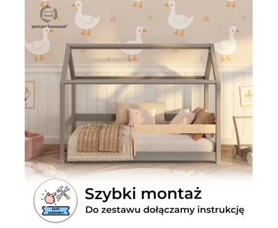 Łóżko domek dla dziecka z barierką i stelażem MILO Montessori Drewniane