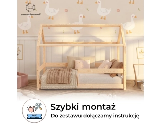 Łóżko domek dla dziecka z barierką i stelażem MILO Montessori Drewniane