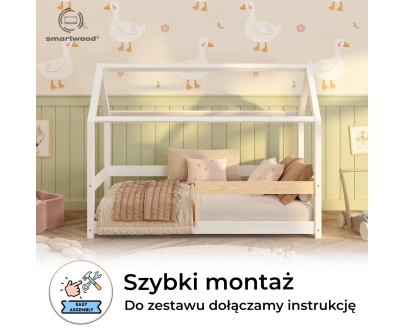 Łóżko domek dla dziecka z barierką i stelażem MILO Montessori Drewniane