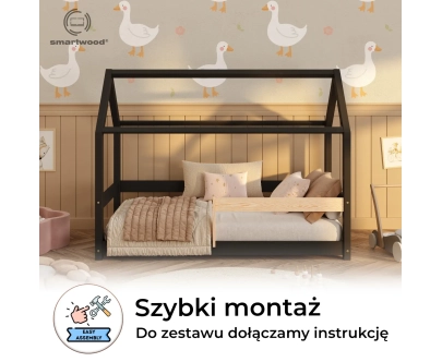 Łóżko domek dla dziecka z barierką i stelażem MILO Montessori Drewniane