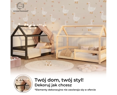 Łóżko domek dla dziecka z barierką i stelażem MILO Montessori Drewniane