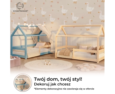 Łóżko domek dla dziecka z barierką i stelażem MILO Montessori Drewniane