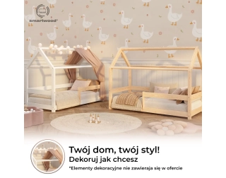 Łóżko domek dla dziecka z barierką i stelażem MILO Montessori Drewniane