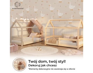 Łóżko domek dla dziecka z barierką i stelażem MILO Montessori Drewniane