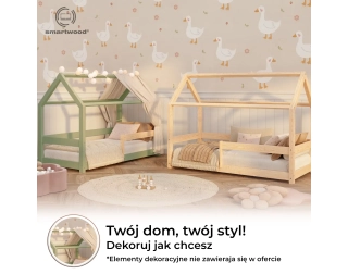 Łóżko domek dla dziecka z barierką i stelażem MILO Montessori Drewniane