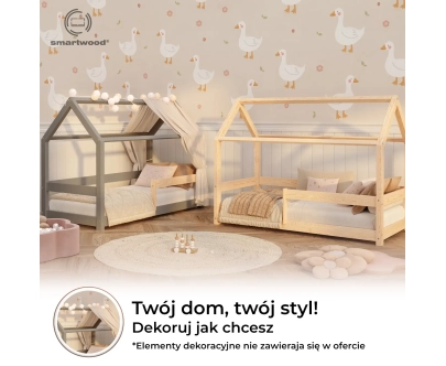 Łóżko domek dla dziecka z barierką i stelażem MILO Montessori Drewniane