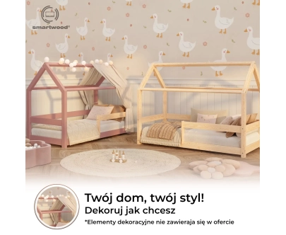 Łóżko domek dla dziecka z barierką i stelażem MILO Montessori Drewniane