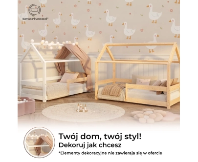 Łóżko domek dla dziecka z barierką i stelażem MILO Montessori Drewniane
